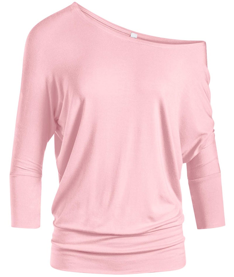 Simlu Dolman Tops for Women Off The Shoulder Banded Waistband Shirts 3/4 Sleeves Regular and Plus Size Baby Pink, Medium - Image 1